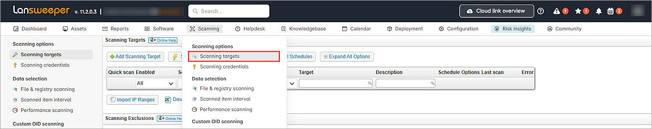 Screenshot of Lansweeper scanning targets configuration in the classic web console